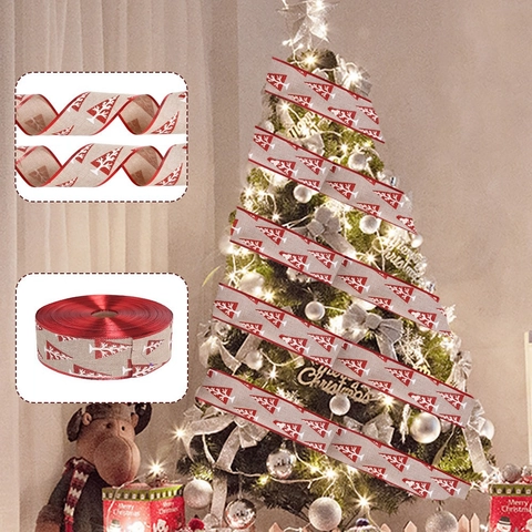 Cinta Decorativa de Navidad Imitación de Lino Brillo Estampado Copo de Nieve Árbol de Navidad Cinta de Yute Con Borde de Alambre