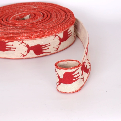 Nastro Decorativo Natalizio Con Renne Bordo Rosso Simil Lino per Ghirlanda Albero di Natale Confezioni Regalo Fai da Te