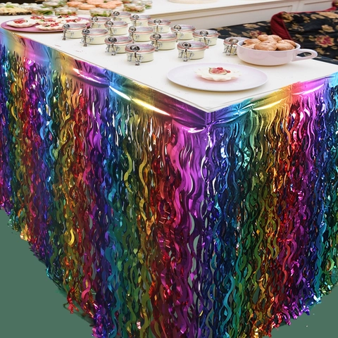 Jupe de Table Arc-en-ciel en Feuille Métallique Franges Ondulées Laser PET Décoration de Table pour Anniversaire Mariage Fête
