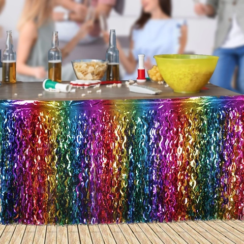 Jupe de Table Arc-en-ciel en Feuille Métallique Franges Ondulées Laser PET Décoration de Table pour Anniversaire Mariage Fête