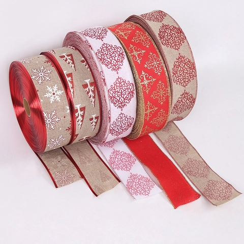Cinta Decorativa de Navidad Imitación de Lino Brillo Estampado Copo de Nieve Árbol de Navidad Cinta de Yute Con Borde de Alambre