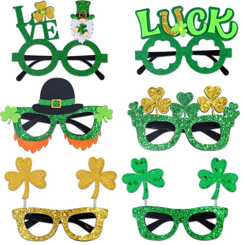 St Patrick's Day Party Glasses Green Clover Irish Festival Costume Accessories Felt Glitter Shamrock Glasses Props For Unisex