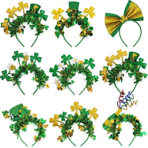 Cerchietto Trifoglio Giorno San Patrizio Decorazioni Festa Irlandese Oro Verde Fiocco Paillettes Cappello Bottiglia Birra Accessori Capelli