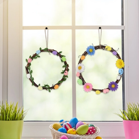 Easter Decoration Wreath With Colorful Speckled Eggs And Artificial Flowers Green Leaves Rattan Circle Door Hanging For Home Party Festival Ornament