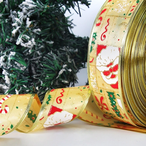 Ruban de Décoration d'Arbre de Noël Dorure à Chaud Père Noël Bonhomme de Neige Ruban Satin pour Emballage Cadeau Fête Décoratif