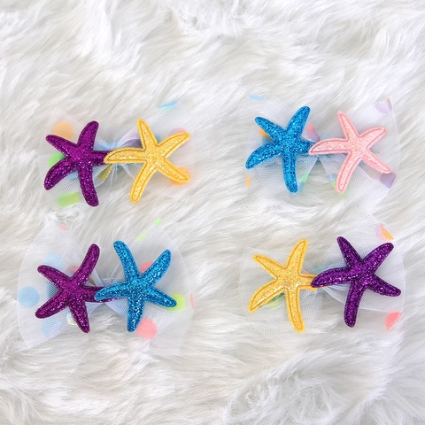 Fermagli per Capelli Bambini a Tema Oceano con Conchiglie e Stelle Marine Paillettes Fiocco in Rete Accessori Capelli Glitter