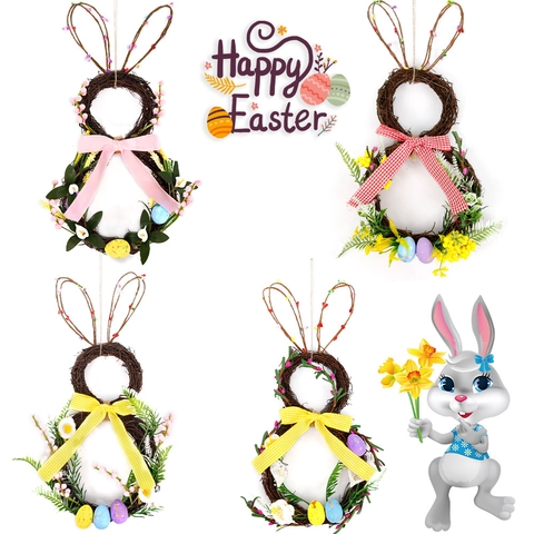 Ghirlanda di Pasqua in Rattan a Forma di Coniglio Con Fiocco E Uova Colorate Coniglio Decorativo per Porta Parete Festa Accessori