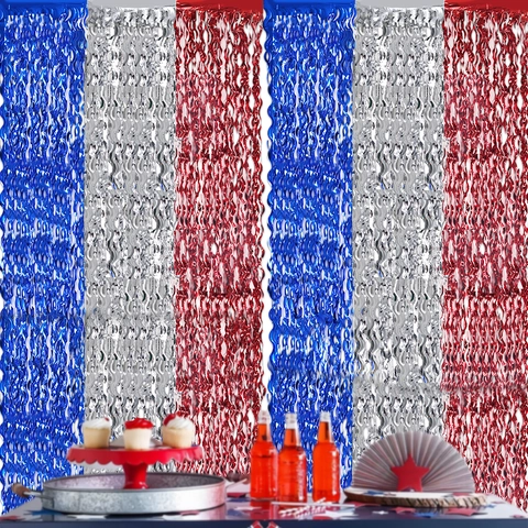 Tenda a Frange in Alluminio Giorno Dell'Indipendenza Blu Argento Rosso Sfondo Decorazione per Festa del 4 Luglio