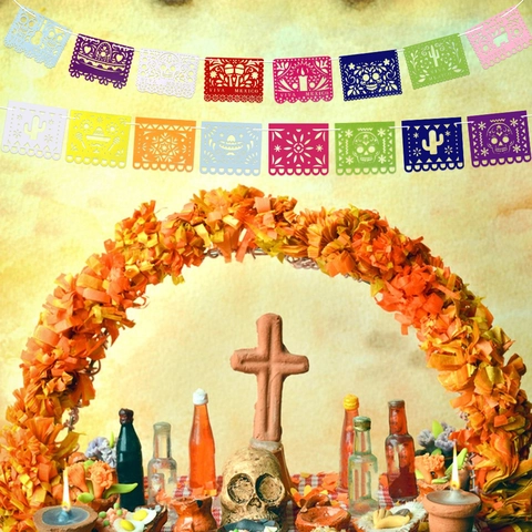 Bannière Mexicaine Papel Picado Guirlandes en Feutre Coloré Ajouré pour Décorations de Fête Cinco De Mayo Jour Des Morts Halloween