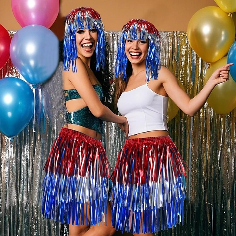 Set Gonna con Frange e Parrucca Lametta Giorno Indipendenza Rosso Argento Blu Accessori Costume Carnevale Patriottico 4 Luglio
