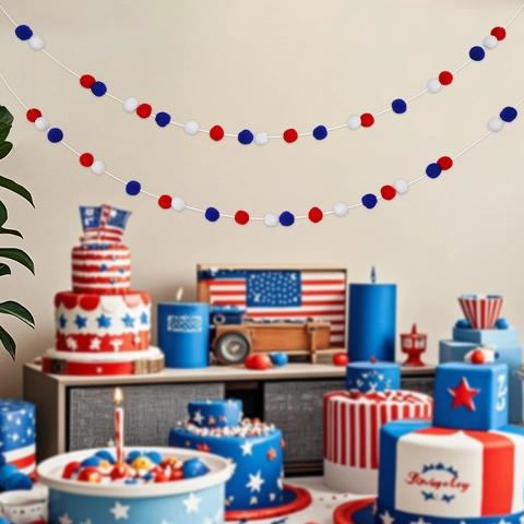 Giorno Dell'Indipendenza Americana Ghirlanda Di Pom Pon Patriottici Rosso Bianco Blu Palla Peluche Banner Appeso Festa Decorazione