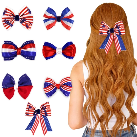 Onafhankelijkheidsdag Haarstrikken Rood Wit Blauw Sterren Strepen Lint Duckbill Clips Voor Vrouwen Meisjes Patriotisch Feest