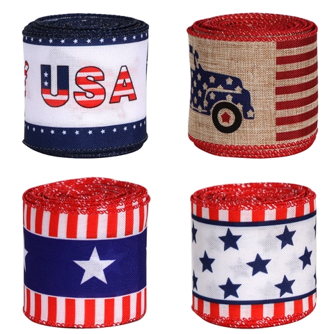 Patriotisches USA Flagge Band Mit Drahtkante Rot Weiß Blau Sterne Streifen LKW Satingewebe Band Für Unabhängigkeitstag DIY Basteln Party Dekor