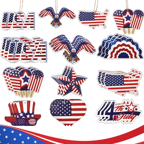 Patriotic Independence Day Wooden Ornaments Fourth Of July USA Flag Stars Stripes Hanging Decorations For Home Party Decor