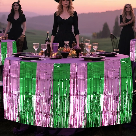 Pink Green Tinsel Table Skirt Metallic Fringe Tablecloth For Witch Theme Party Halloween Festival Decoration Celebration Supplies