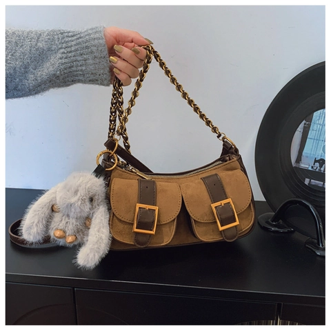 Bolso de Hombro Dumpling de Cuero PU Retro para Mujer Moda Patchwork Bolso Bandolera Con Colgante de Conejo de Peluche Bolso Casual