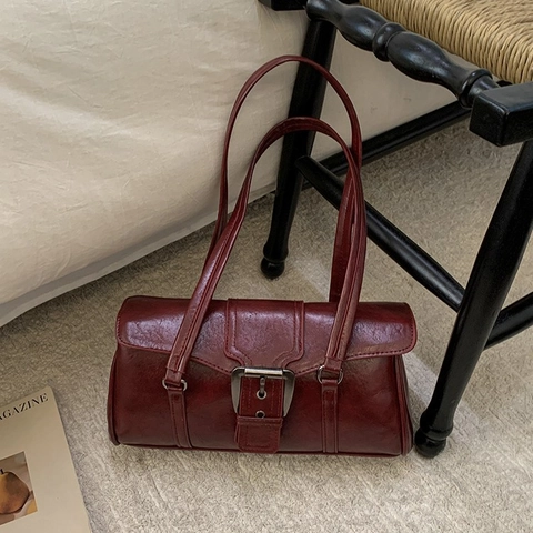 Bolso de Axila de Cuero PU Vintage para Mujer Bolso de Hombro con Hebilla de Metal Grande Retro Bolso de Mano Simple Casual