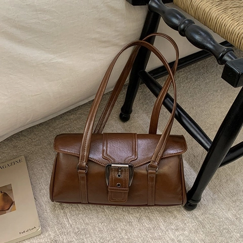 Bolso de Axila de Cuero PU Vintage para Mujer Bolso de Hombro con Hebilla de Metal Grande Retro Bolso de Mano Simple Casual