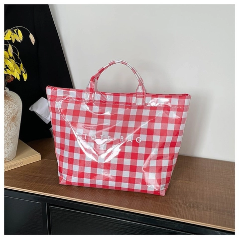 Bolso Tote de Cuadros Gingham para Mujer Gran Capacidad Impermeable de Lona Recubierta de PVC Bolso de Hombro