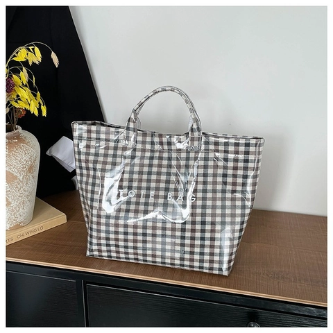 Bolso Tote de Cuadros Gingham para Mujer Gran Capacidad Impermeable de Lona Recubierta de PVC Bolso de Hombro