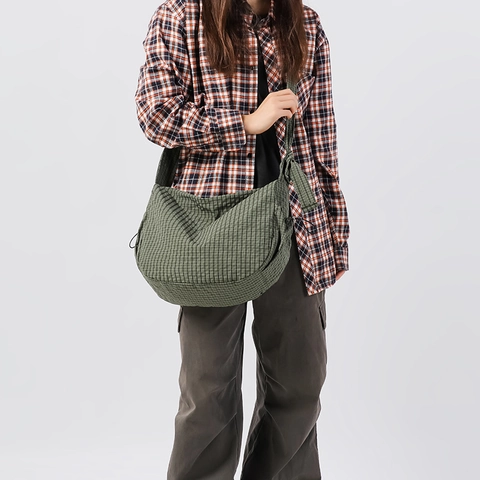 Borsa a Spalla Hobo in Nylon a Quadri da Donna Grande Capacità Stile Giapponese Tracolla Regolabile con Nodo Borsa Casual