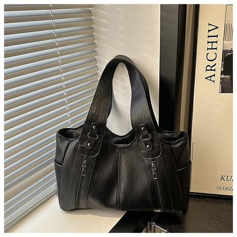 Vintage Large Capacity PU Leather Tote Bag For Women Litchi Texture Casual Shoulder Underarm Bag Commuting Solid Handbag