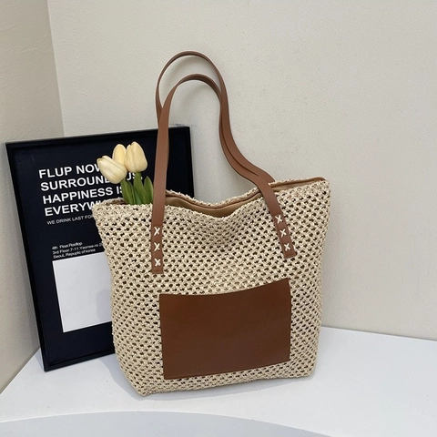 Damen Große Kapazität Stroh Geflochtene Tote Bag Patchwork Leder Tasche Schultertasche Für Strand Urlaub Täglich Reisen