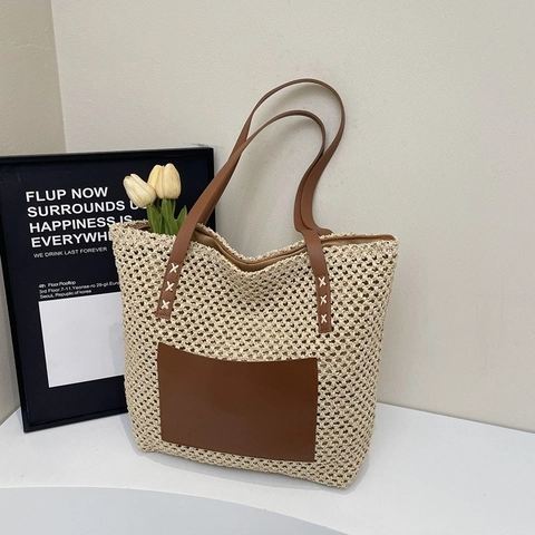 Damen Große Kapazität Stroh Geflochtene Tote Bag Patchwork Leder Tasche Schultertasche Für Strand Urlaub Täglich Reisen