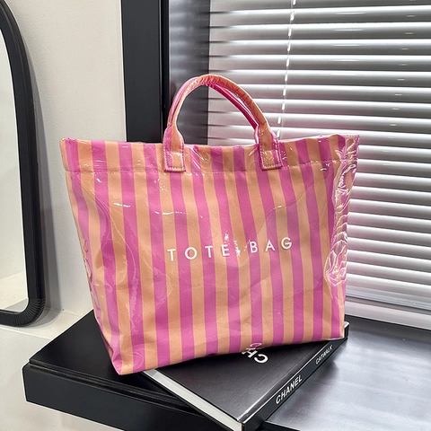 Large Capacity Striped Tote Bag Fashion PVC Coated Waterproof Shoulder Bag For Women Casual Daily Shopping Handbag Beach Bag