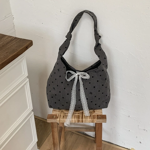 Borsa a Tracolla da Donna in Tela a Pois Grande Capacità Tote Con Fiocco in Pizzo Tracolla con Nodo Borsa Versatile Pendolare