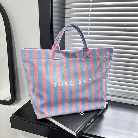 Large Capacity Striped Tote Bag Fashion PVC Coated Waterproof Shoulder Bag For Women Casual Daily Shopping Handbag Beach Bag