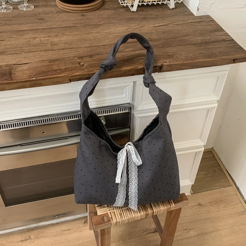 Borsa a Tracolla da Donna in Tela a Pois Grande Capacità Tote Con Fiocco in Pizzo Tracolla con Nodo Borsa Versatile Pendolare