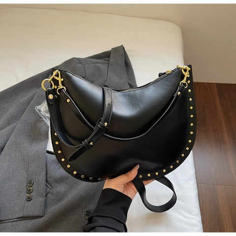Women Vintage PU Leather Hobo Shoulder Bag Solid Color Studded Saddle Crossbody Bag Urban Minimalist Zipper Armpit Bag