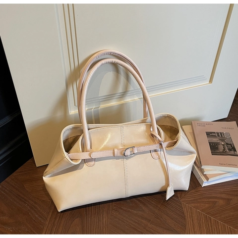 Bolso Tote de Cuero de PU Minimalista Coreano para Mujer Gran Capacidad Retro Bolso de Hombro Color Sólido Bolso de Mano Con Hebilla de Metal
