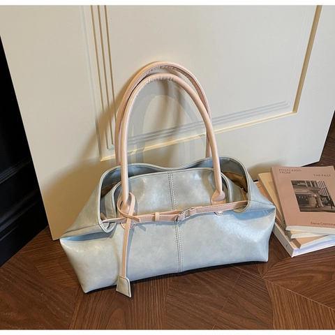 Bolso Tote de Cuero de PU Minimalista Coreano para Mujer Gran Capacidad Retro Bolso de Hombro Color Sólido Bolso de Mano Con Hebilla de Metal