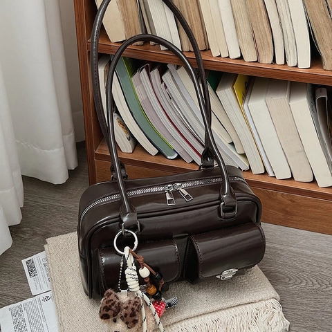 Women's Vintage PU Leather Underarm Bag Retro Shoulder Bag With Double Front Pockets Metal Buckles And Plush Pendant Daily Handbag