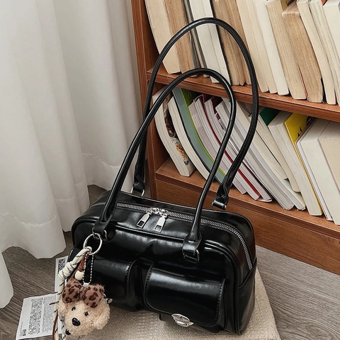 Women's Vintage PU Leather Underarm Bag Retro Shoulder Bag With Double Front Pockets Metal Buckles And Plush Pendant Daily Handbag