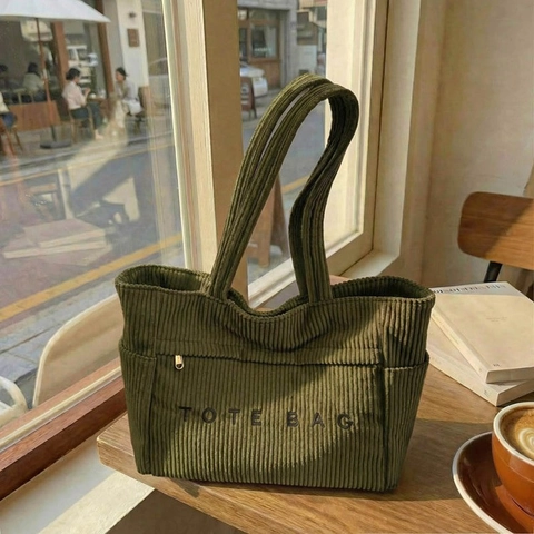 Borsa Tote in Velluto a Coste Vintage Grande Capacità Ricamo Lettere Tasche Multiple Borsa a Spalla Casual per Donna Scuola Viaggio