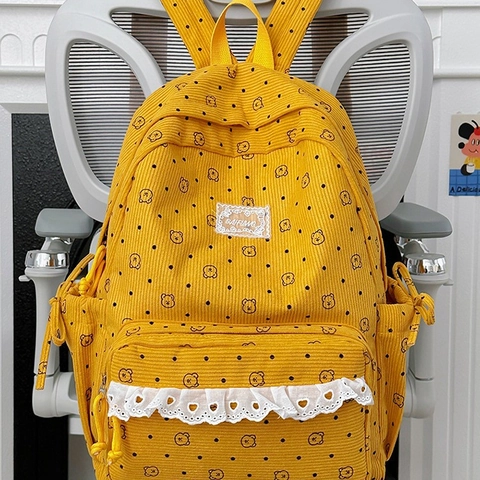 Leuke Cartoon Beer Print Nylon Rugzak Voor Dames Stippenpatroon Kantafwerking Grote Capaciteit Schooltas Travel Daypack