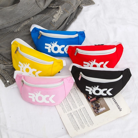 Kids Fashion PU Leather Waist Bag Candy Color Casual Chest Bag With Rock Print Crown Pattern For Boys Girls Outdoor Sport