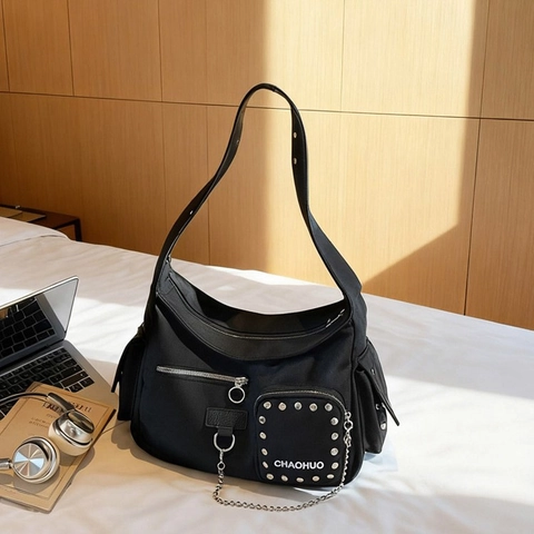 Borsa a Spalla Da Moto Con Borchie Per Donna Grande Capacità Borsa a Tracolla In Tela Catena Metallica Stile Punk Street Moda Borsa Hobo