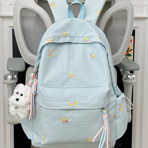Zaino Carino Con Ricamo a Fiocco Per Ragazze Studenti Nylon Grande Capacità Zaino Da Viaggio Versatile Con Ciondolo In Peluche