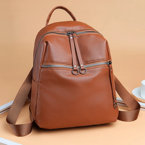 Women Washed PU Leather Backpack Fashion Casual Lychee Pattern Shoulder Bag Metal Ring Zipper Schoolbag For Daily Travel