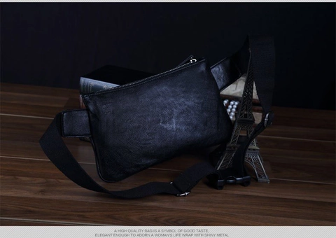 Men Fashion Casual PU Leather Waist Bag Litchi Pattern Chest Bag Adjustable Strap Black Shoulder Crossbody Bag For Outdoor