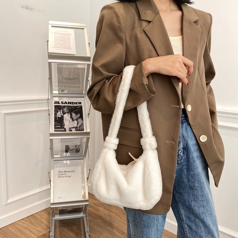 Fashion Soft Faux Fur Plush Underarm Bag For Women Cute Solid Color Small Shoulder Bag Winter Casual Handbag Tote Purse