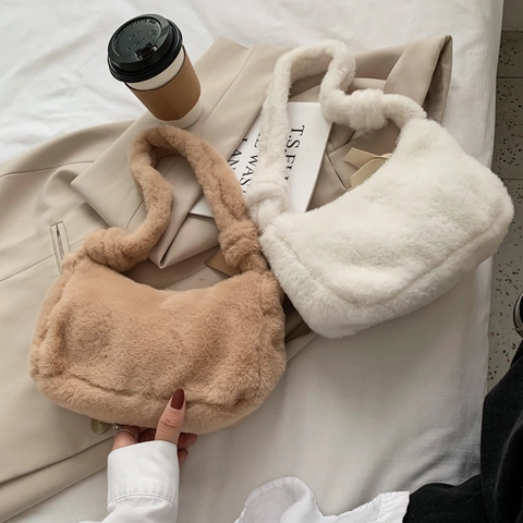 Fashion Soft Faux Fur Plush Underarm Bag For Women Cute Solid Color Small Shoulder Bag Winter Casual Handbag Tote Purse