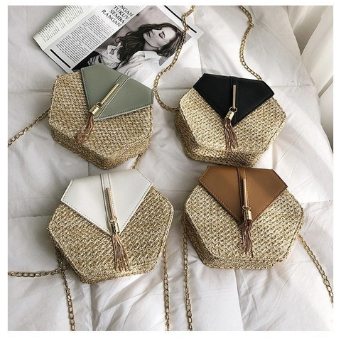 Sac Bandoulière Hexagonal en Paille Tissée Pour Femme Avec Rabat en Similicuir Chaîne en Métal Gland Sac de Vacances