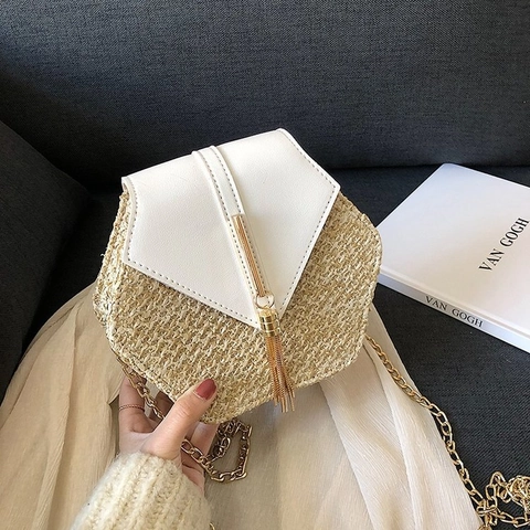 Sac Bandoulière Hexagonal en Paille Tissée Pour Femme Avec Rabat en Similicuir Chaîne en Métal Gland Sac de Vacances