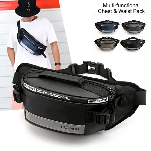HAOSHUAI Men Outdoor Sports Waist Bag Waterproof Nylon Chest Bag With Reflective Strip Anti-theft Running Phone Pouch