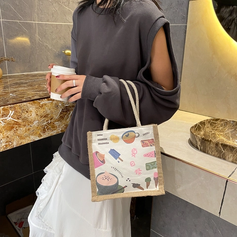 Damen Japanischer Stil Leinwand Jute Patchwork Handtasche Mini Tote Bag Mit Süßem Frucht Brot Druck Lässige Tragbare Einkaufstasche